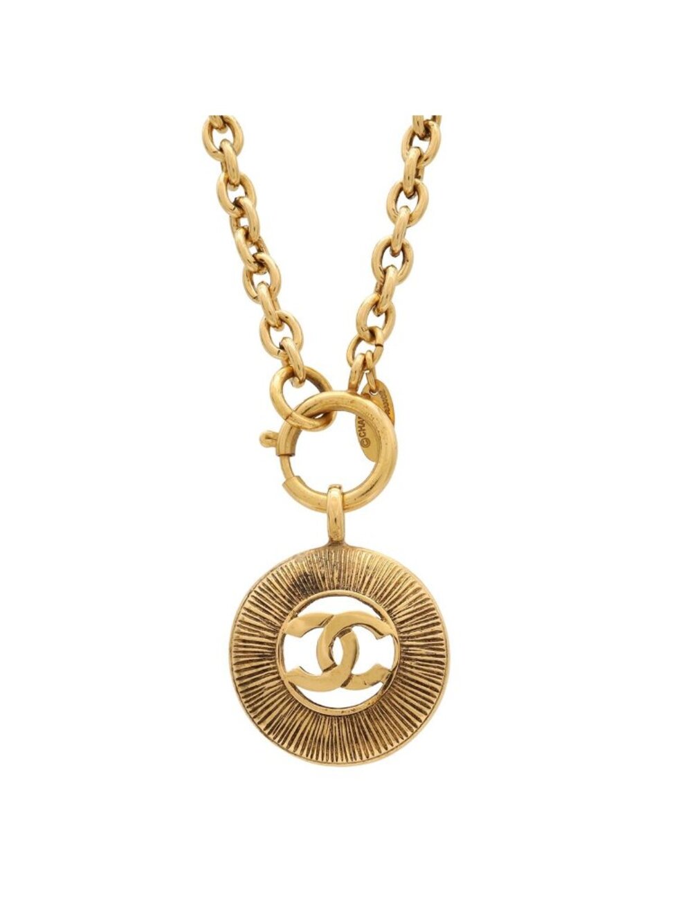 Chanel CC Logo Medallion Round Vintage Chain Pendant Gold Plated